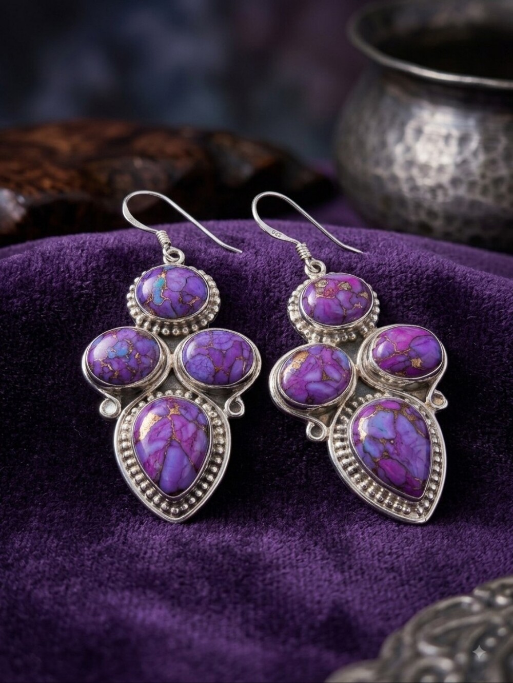 Purple Mojave Turquoise 925 Sterling Silver Drop Earrings Southwestern Boho Chic